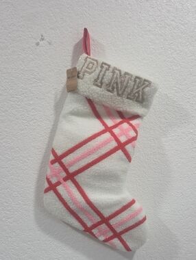 PINK Sherpa Plaid Holiday Stocking in White and Pink